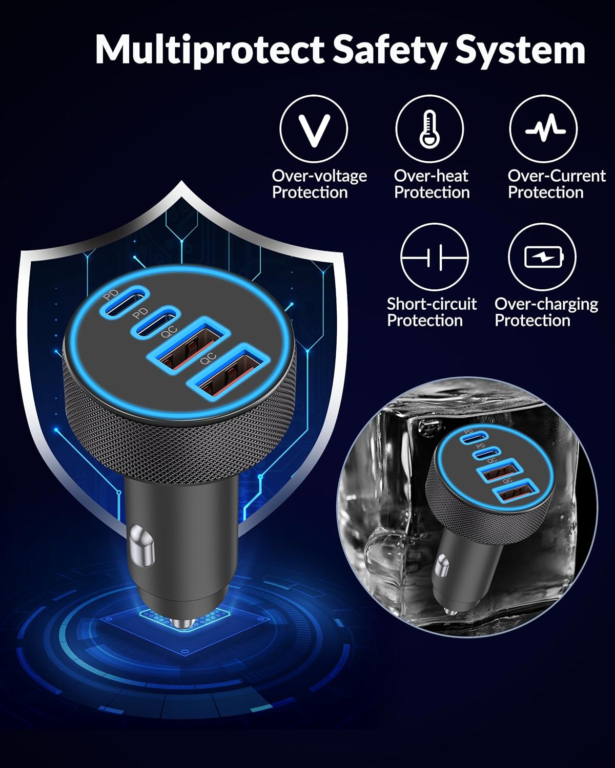[4 in 1] USB C Car Charger, 4-Port 90W Super Fast Charging Cigarette Lighter Adapter, Dual 45W USBC & USB-A Multiport