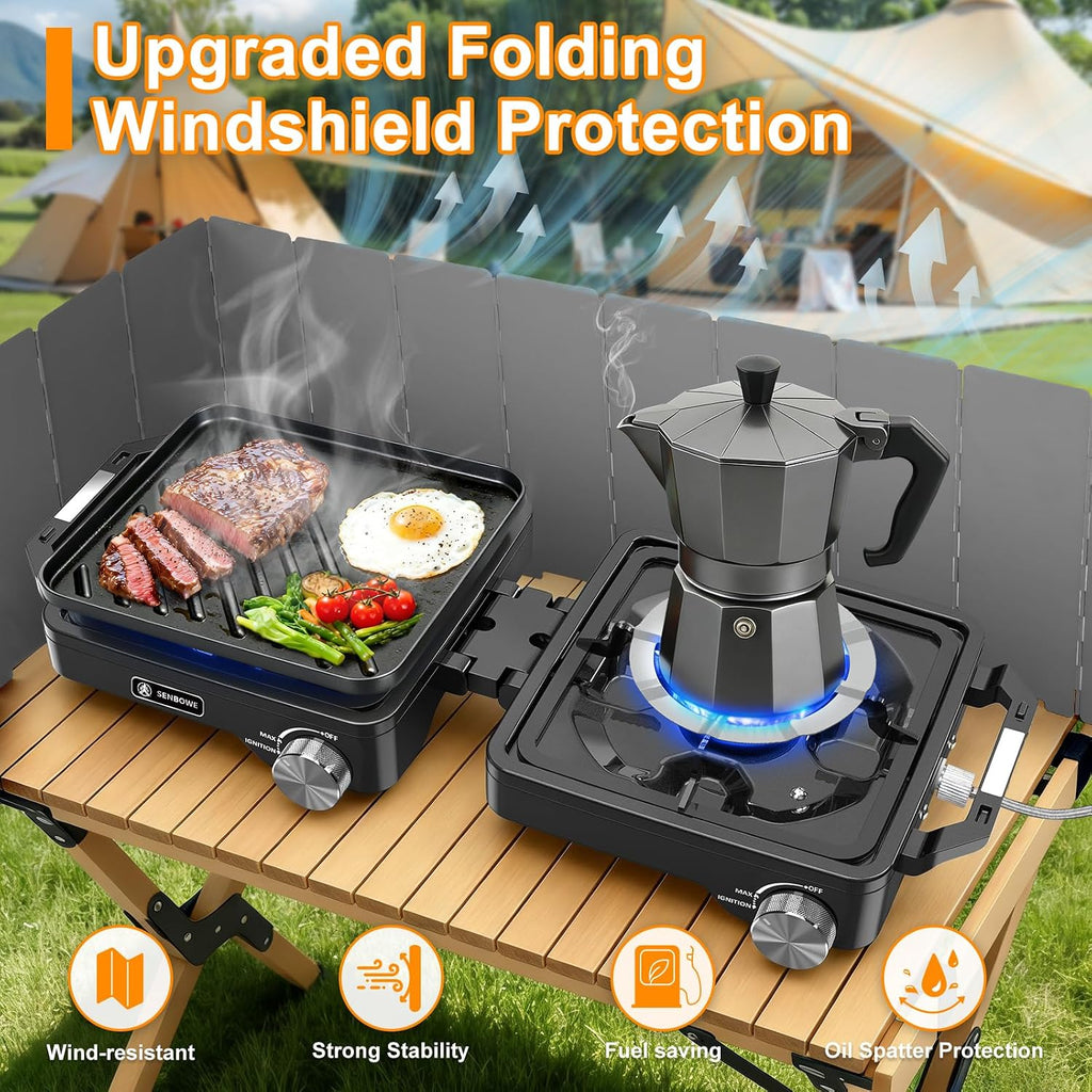2-Burner Pro Camping Stove,24000 BTU Camp Stove,Foldable Propane Stove Includes Carry Bag,Windscreen Griddle