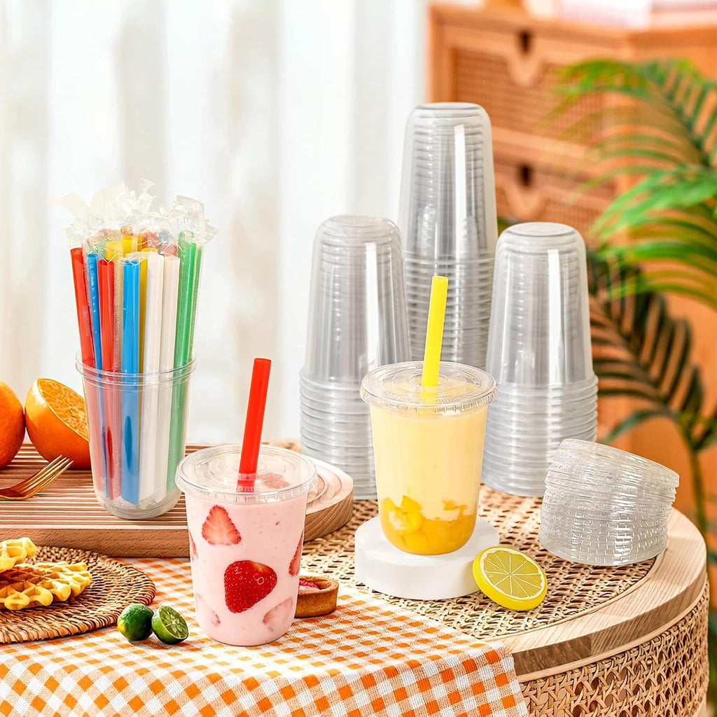 50Pack 16oz Clear Plastic Boba Cups with Lids and Colorful Straws