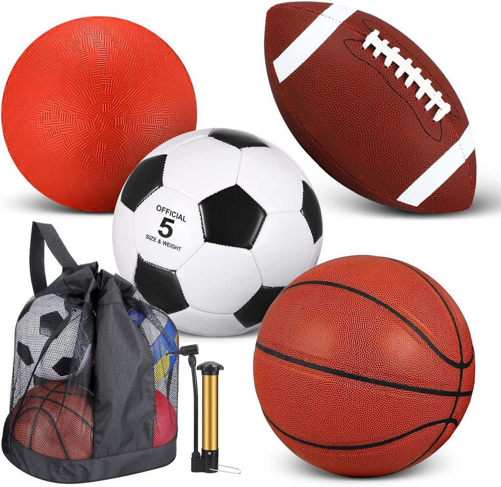 4 Pcs Sports Balls Set for Teen Adult, Include Official Size Basketball Soccer Football Playground Ball Pump