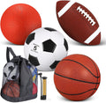 4 Pcs Sports Balls Set for Teen Adult, Include Official Size Basketball Soccer Football Playground Ball Pump