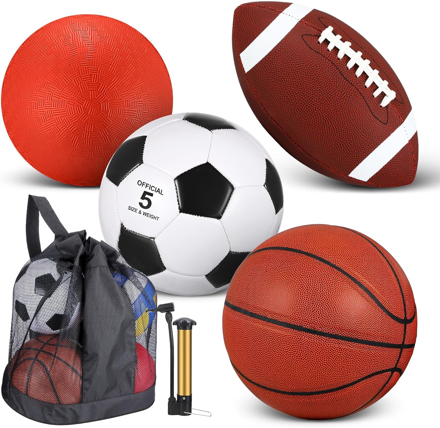4 Pcs Sports Balls Set for Teen Adult, Include Official Size Basketball Soccer Football Playground Ball Pump