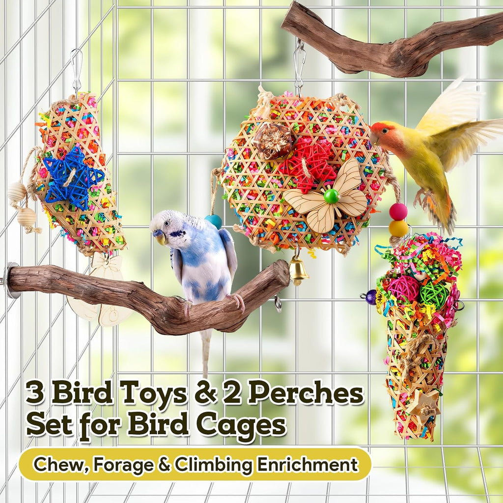 Bird Toys, Parakeet Foraging Toys, Hanging Chewing Toys with Natural Wooden Perches, Bird Cage Accessories, Suitable