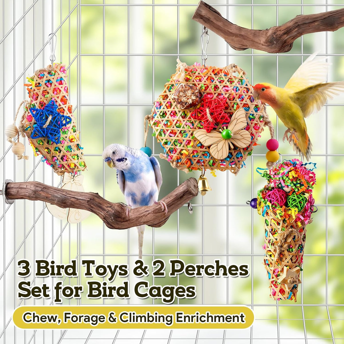 Bird Toys, Parakeet Foraging Toys, Hanging Chewing Toys with Natural Wooden Perches, Bird Cage Accessories, Suitable
