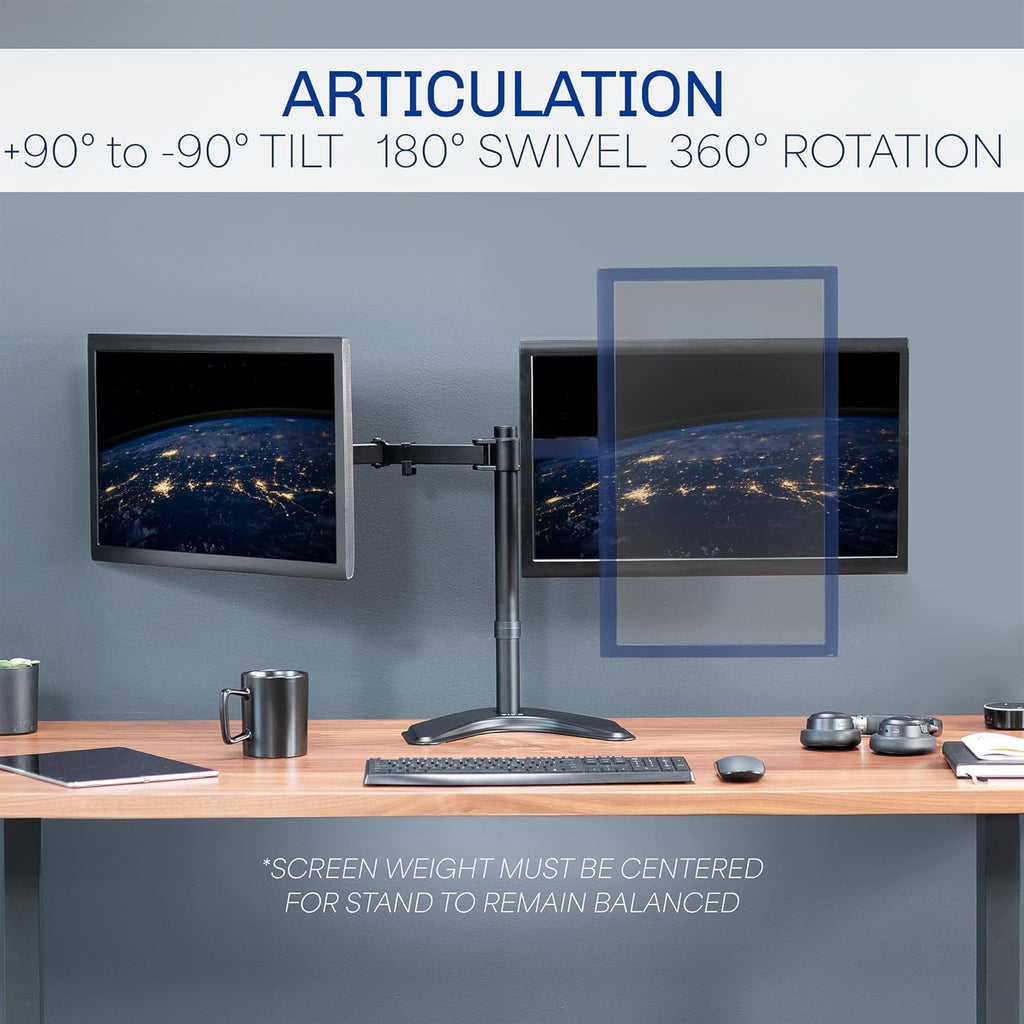 STAND-V002F Dual LED LCD Monitor Free-Standing Desk Stand for 2 Screens up to 27 Inch Heavy-Duty Fully Adjustable