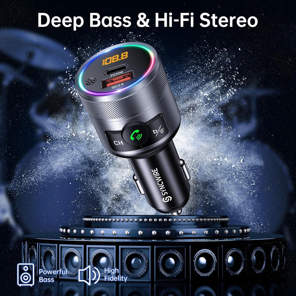 Bluetooth 5.4 FM Transmitter for Car, 38W PD&QC3.0 Dual USB Charging Bluetooth Car Adapter Microphone & Bass Sound