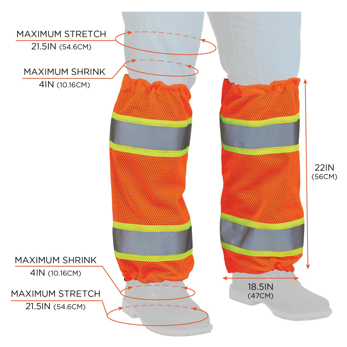 GloWear 8009 High Visibility Reflective Leg Gaiters, Two-Tone Mesh, Class E, 1- Pair , Orange