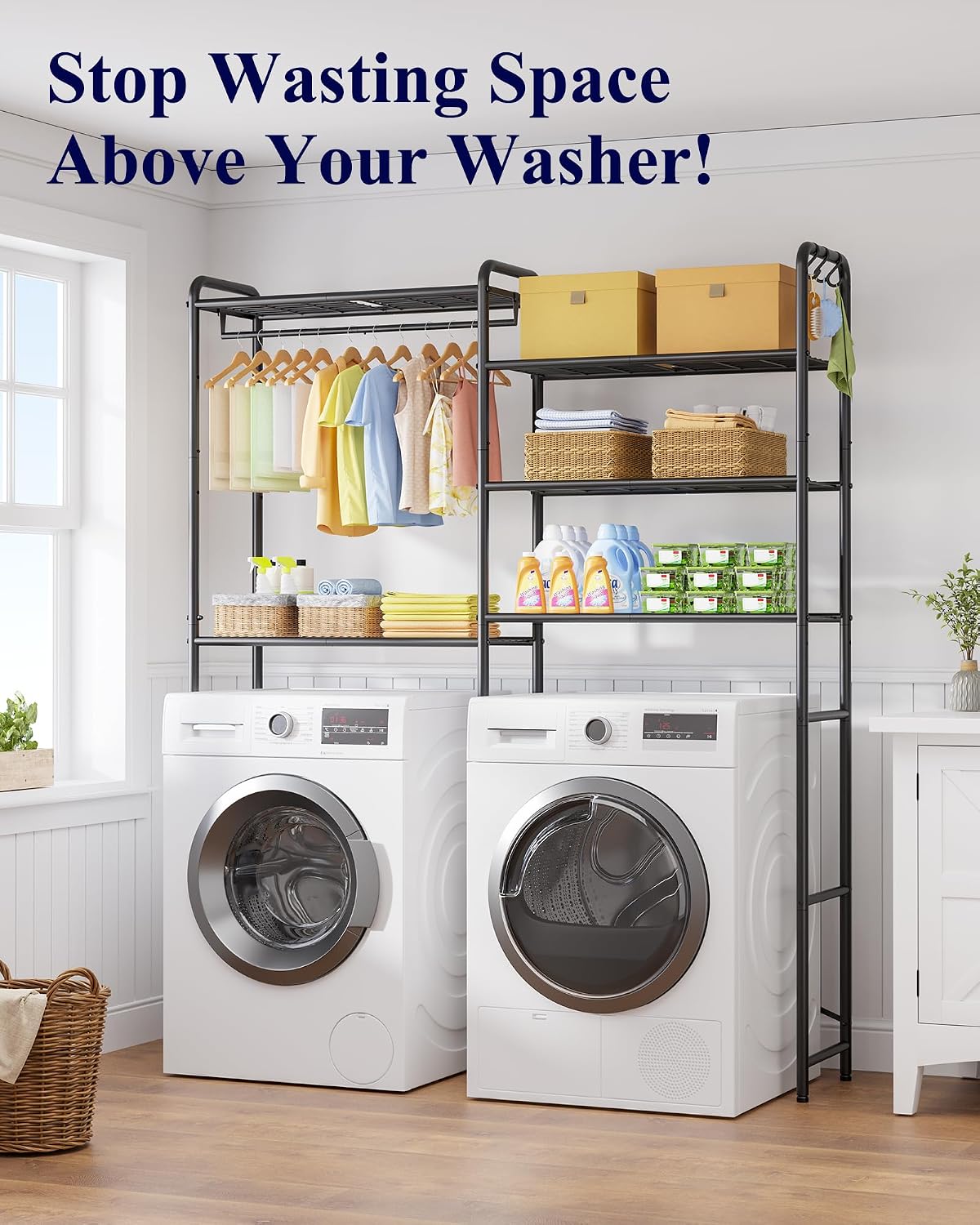 Laundry Room Shelves - Multi-Functional Over Washer and Dryer Shelves with Hanging Bar & Removable Hooks