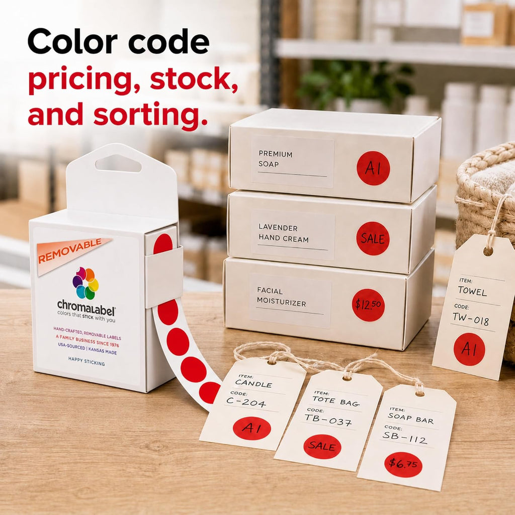 Sticker Dots, 3/4 Inch Round Red Labels - 1000 Removable Stickers per Dispenser Box, Ideal for Arts & Crafts - Color