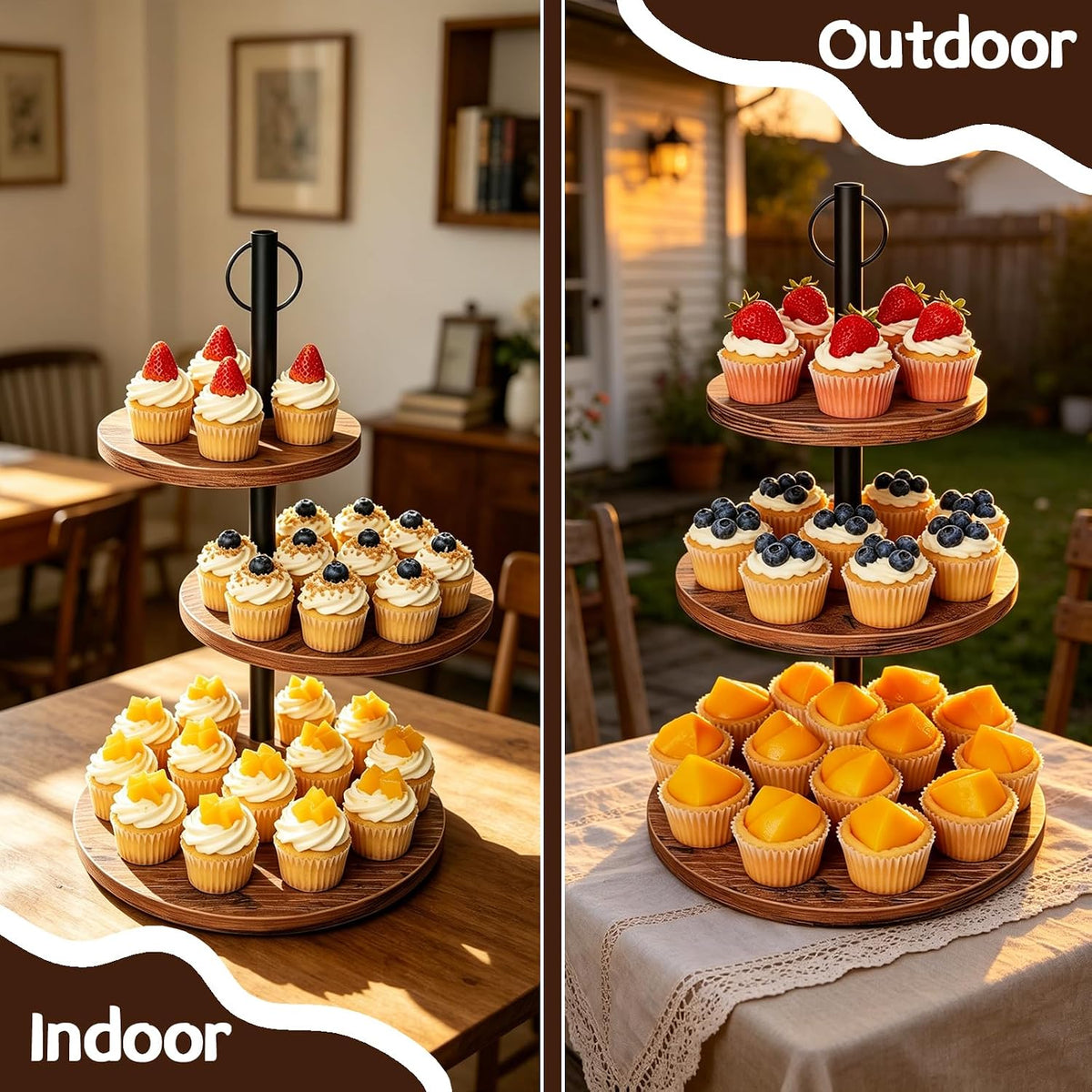 Cupcake Stand, 2 Pack Rustic Wood 3 Tier Cake Stand, Serving Tray