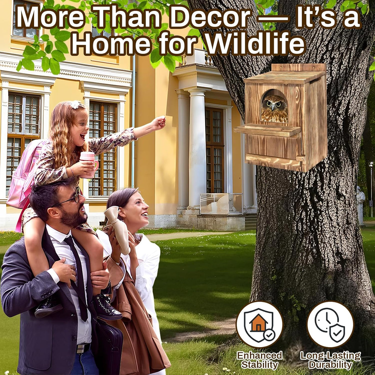 Large Owl House with Wood Shavings, Carbonized Pine Wood Nesting Box