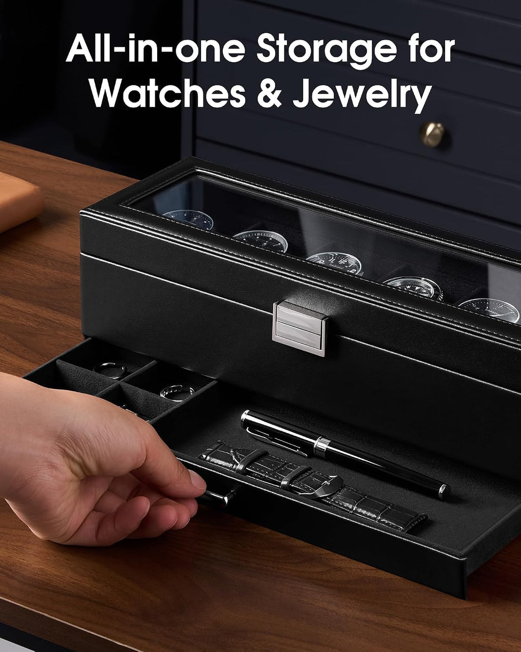 6-Slot Watch Case for Men, Mens Jewelry Box with Glass Lid -Black | Watch & Jewelry Box with Drawer, Easy-Clean PU