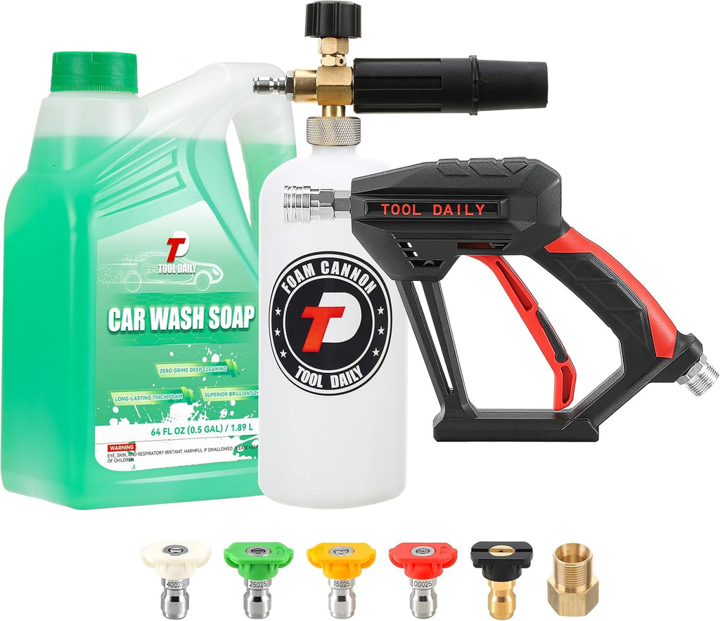 Short Pressure Washer Gun with Foam Cannon, Car Wash Soap 64 Oz | 5 Power Washer Nozzle Tips, 1/4 Inch Quick Connect