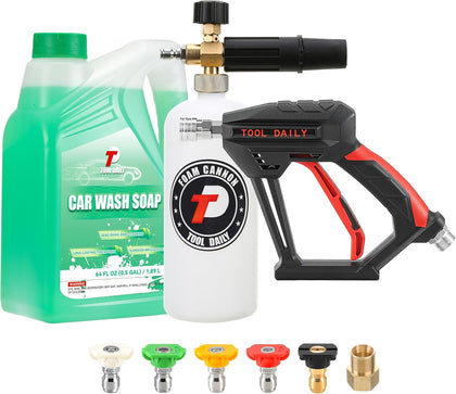 Short Pressure Washer Gun with Foam Cannon, Car Wash Soap 64 Oz | 5 Power Washer Nozzle Tips, 1/4 Inch Quick Connect