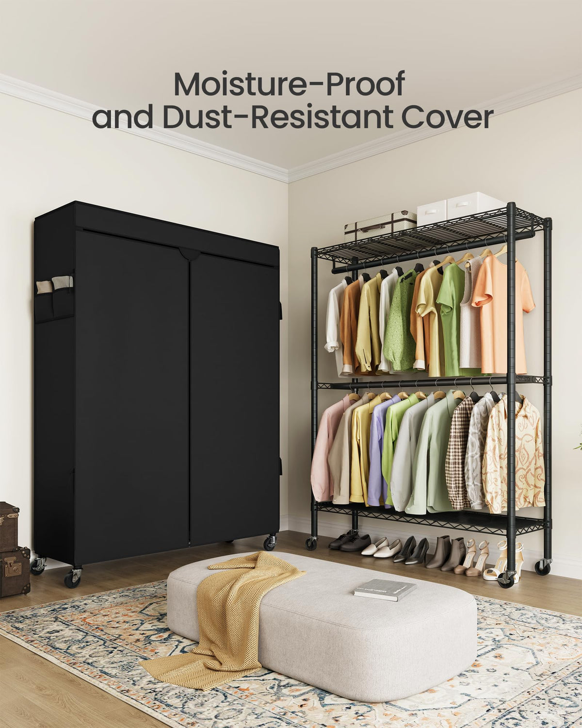 Heavy-Duty Clothes Rack, Portable Closet on Wheels, Fabric Cover