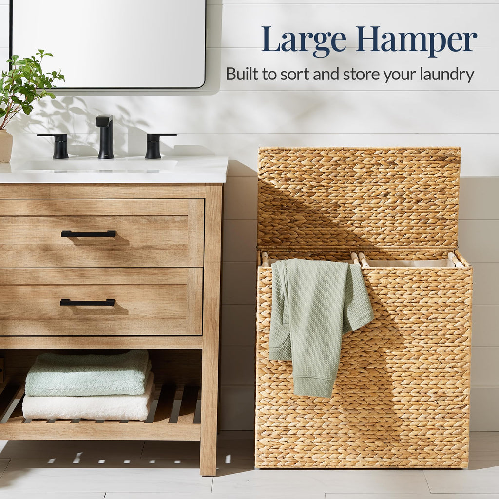 Large Laundry Hamper with Lid, Natural Handwoven Hyacinth Laundry Basket, W/Removeable & Washable Liner Bag