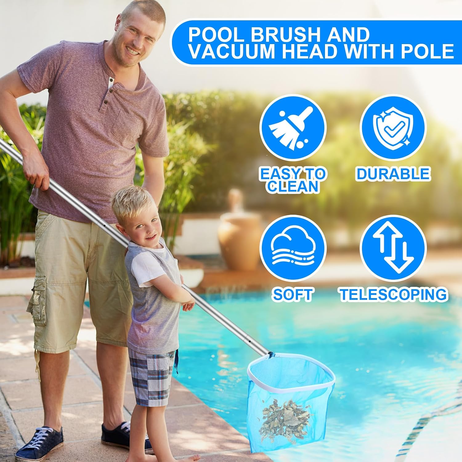5 Pcs Pool Vacuum Cleaning Kit Includes Round Corner Pool Vacuum, 2 Skimmer Nets with 47" Adjustable Pole and 1 Brush
