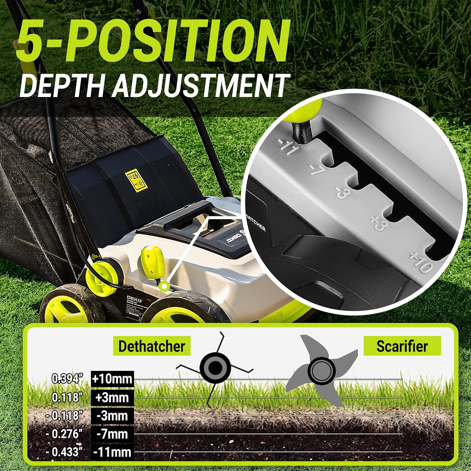 Electric Lawn Dethatcher Scarifier 15 Amp: DEKOPRO 15-inch Lawn Dethatcher and Aerator with 5-Position Depth