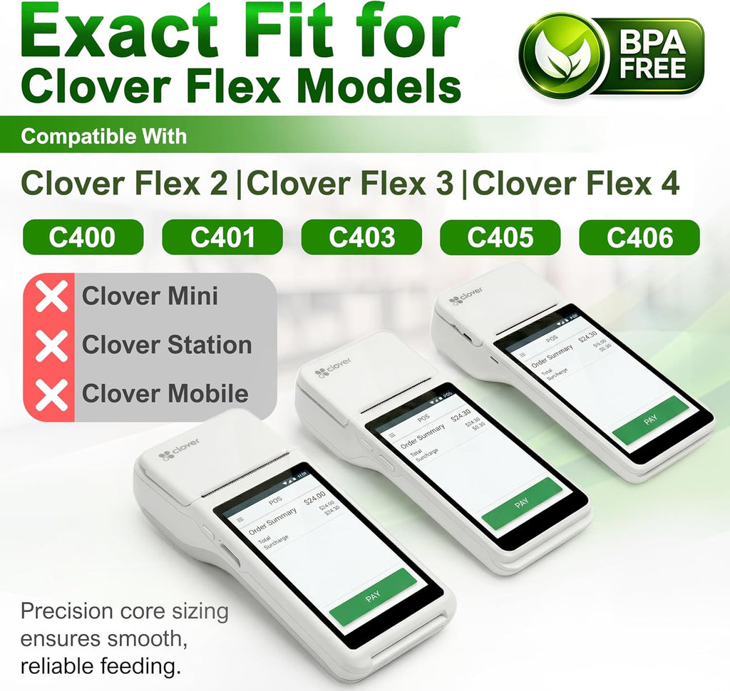 Clover Flex Paper Rolls 2 1/4" x 55’ Thermal Receipt Paper – 20 Rolls Pack - BPA Free POS Printer & Credit Card