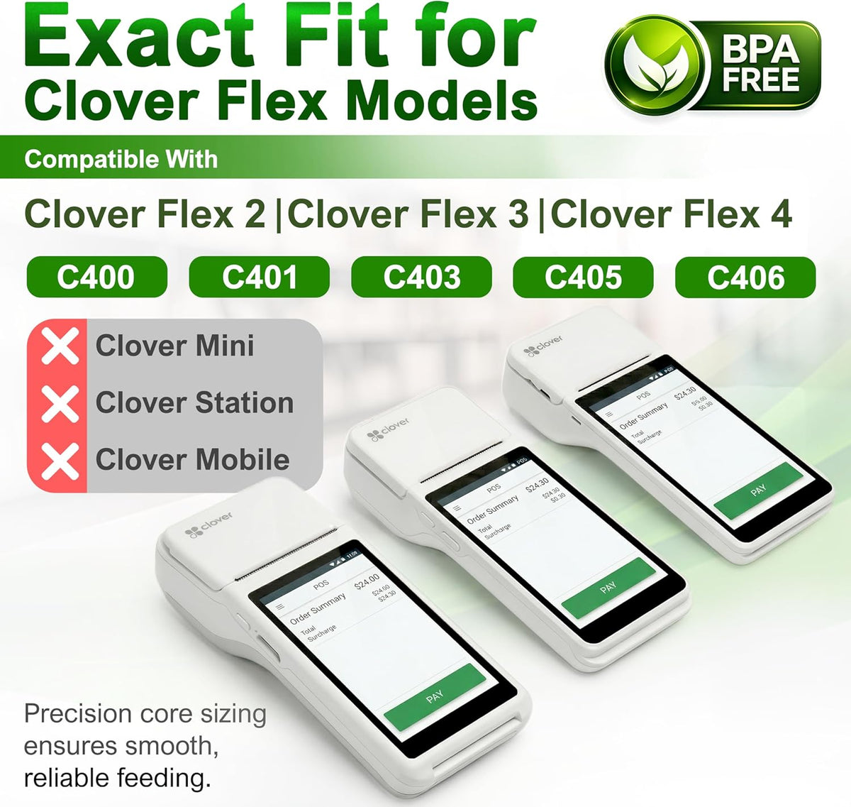Clover Flex Paper Rolls 2 1/4" x 55’ Thermal Receipt Paper – 20 Rolls Pack - BPA Free POS Printer & Credit Card