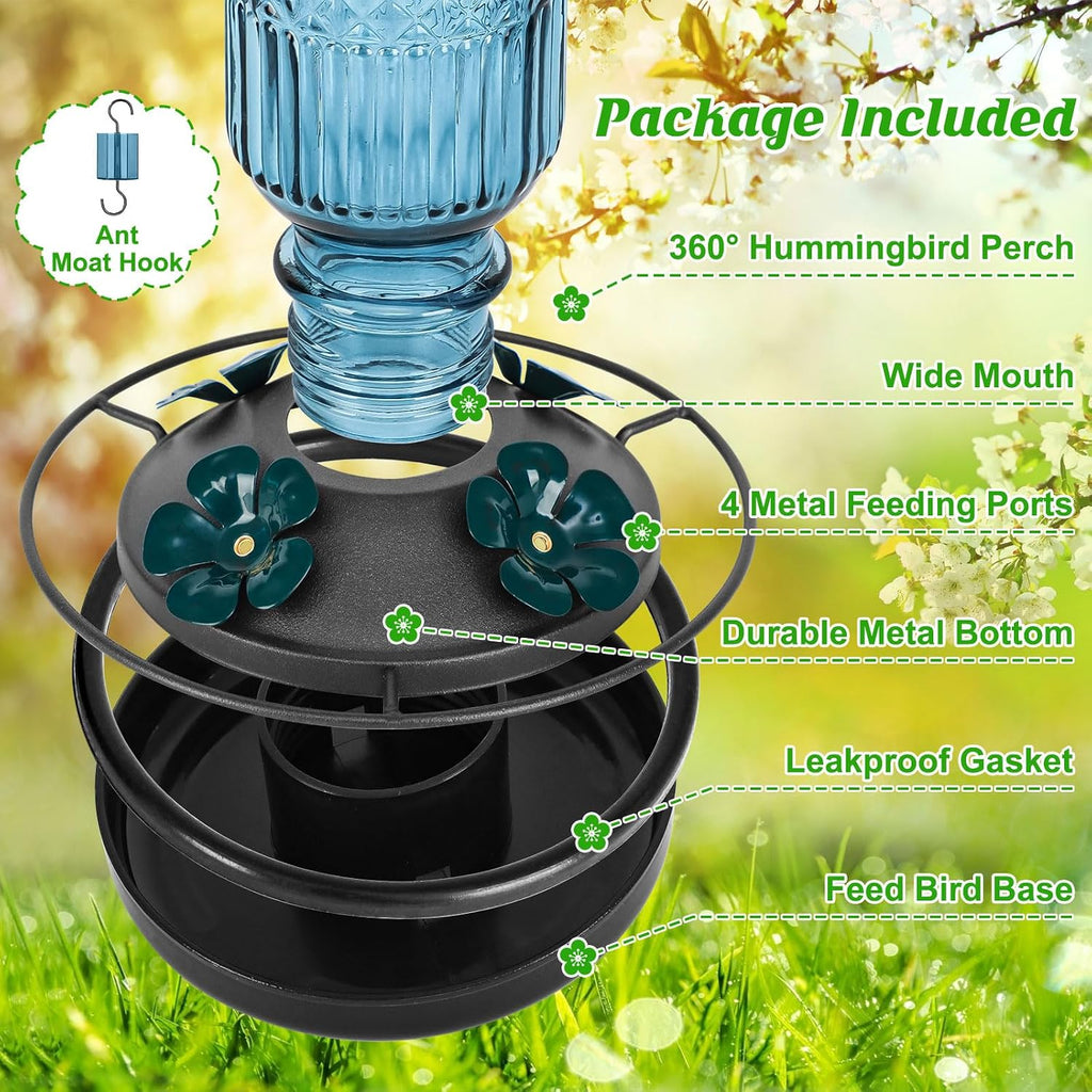 Glass Hummingbird Feeder for Outdoors Hanging, 16 OZ Humming Birds Feeders with 4 Bee Guard Feeding Ports & Built-in