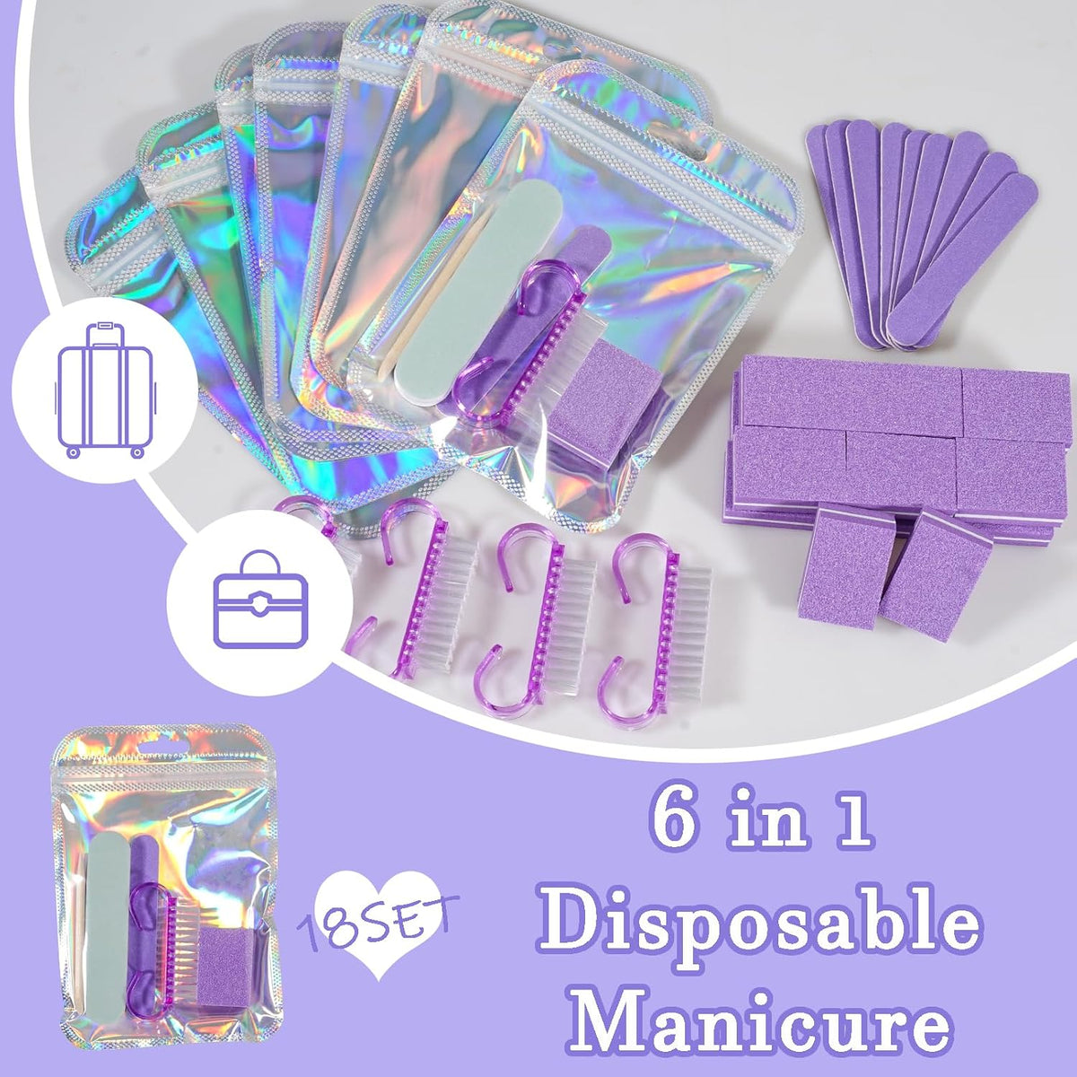 18 Set Disposable Manicure Kit Set, Press On Nail Tool Kit (Purple)