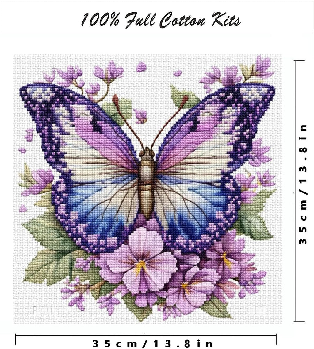 Butterfly Stamped Cross Stitch Kits for Adults 14x14 Inch | Flowers 11CT Needlepoint Counted Cross Stitch Kits for