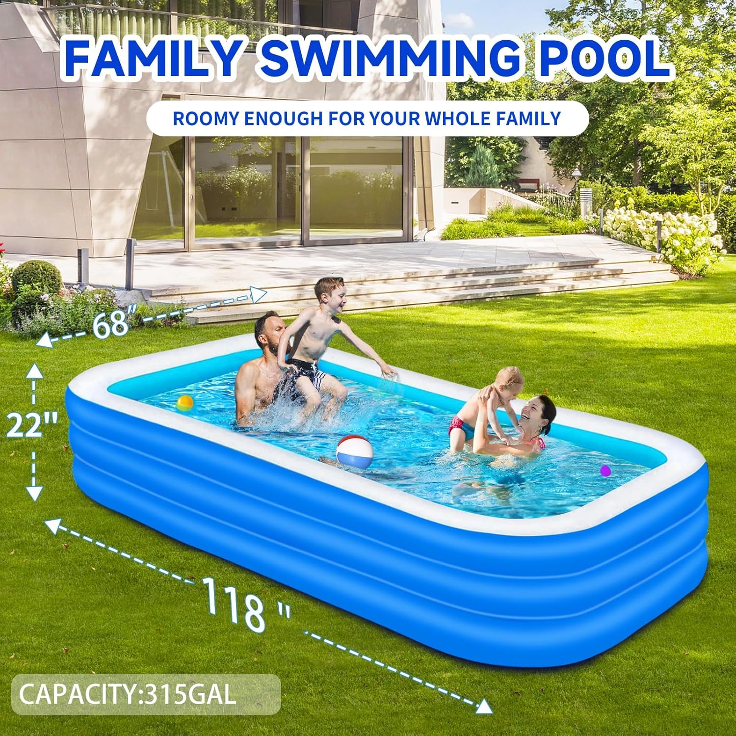 Inflatable Swimming Pool for Kids and Adults- 118" x 68" x 22" Family Full-Sized Blow Up Pools for kids -Thickened