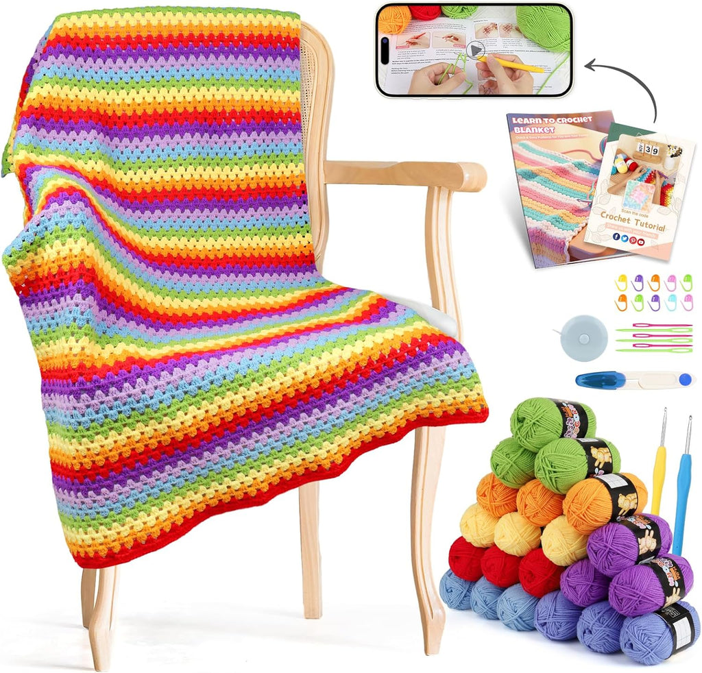 Crochet Blanket Kit for Beginners, Easy Crochet Kit for Beginners Adults & Kids with Step-by-Step Video Instructions