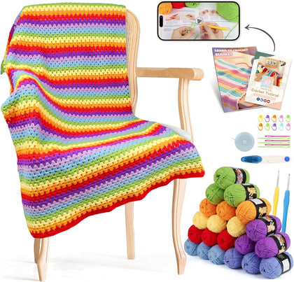 Crochet Blanket Kit for Beginners, Easy Crochet Kit for Beginners Adults & Kids with Step-by-Step Video Instructions