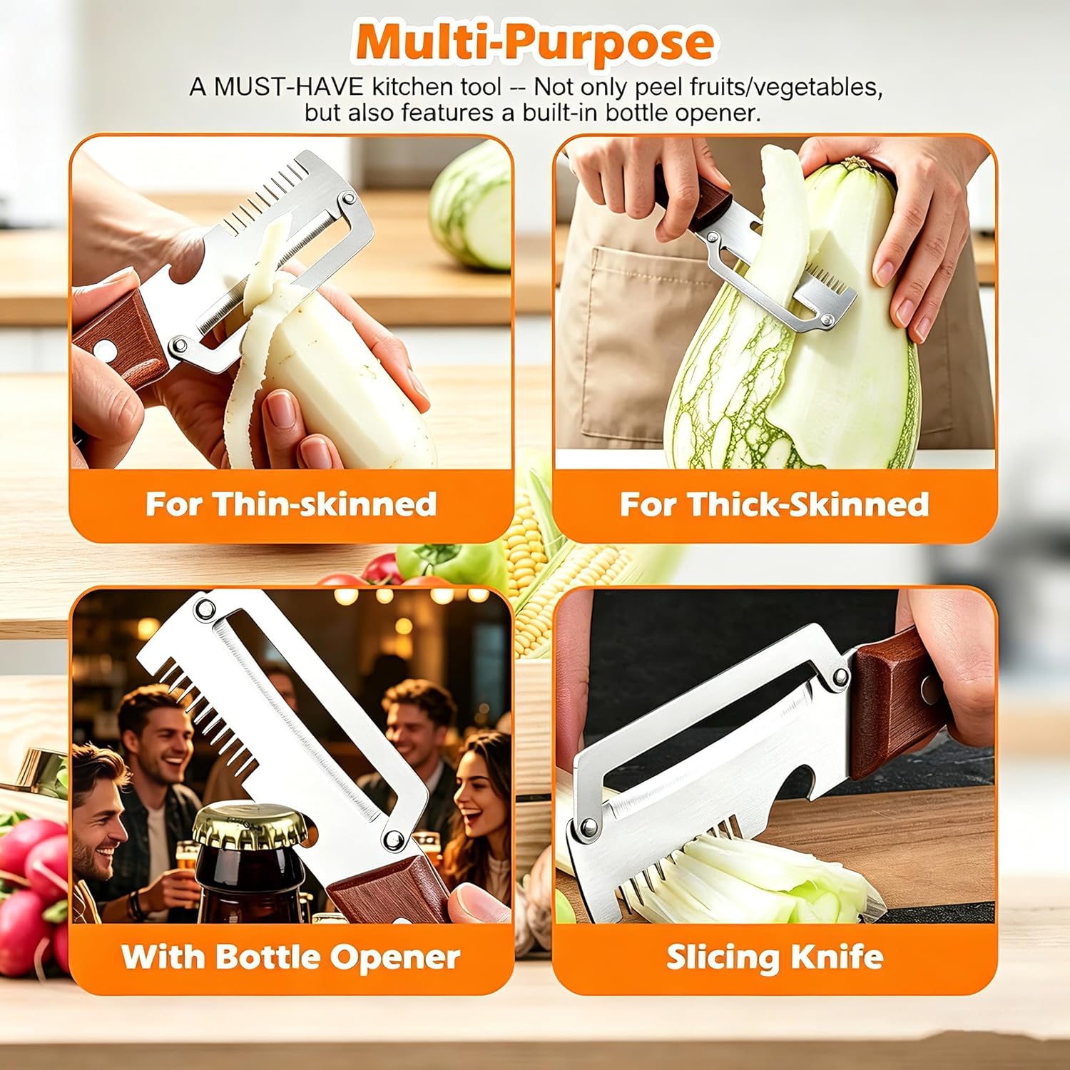 Multi-Functional Vegetable Peeler, 3 in 1 Multi Functional Wooden Handle Peeler and Bottle Opener,Kitchen Gadgets