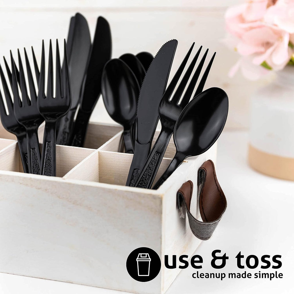Heavy Weight Plastic Silverware Set - 200 Forks, 100 Knives, 100 Spoons - Disposable Cutlery Combo (Black)