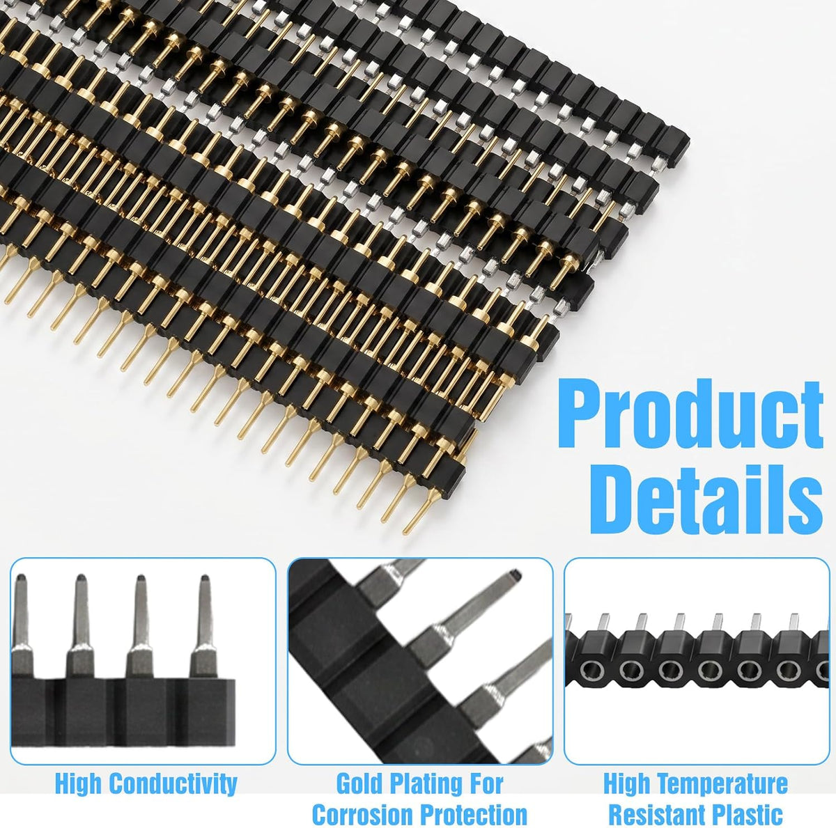 10 Pcs Straight Single Row 2.54mm 40 Pin Male Header, Breakaway Header Strip 0.1 Inch PCB Pin Headers for Breadboard Connector Electronic Circuit Board (Silver+Gold+Black)