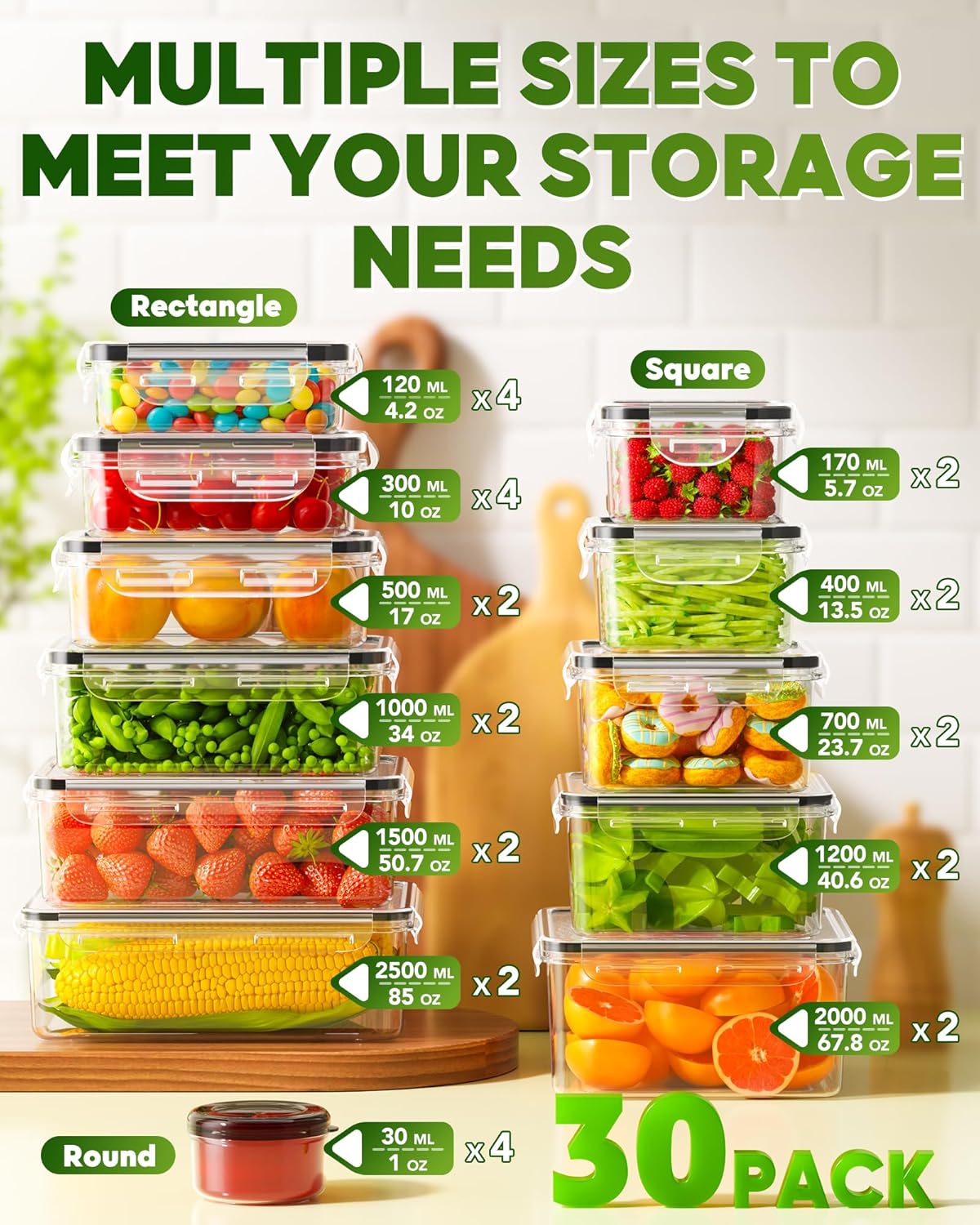 60 PCS Food Storage Containers with Lids, BPA-Free Plastic Food Containers for Kitchen Storage, Leak Proof, Reusable