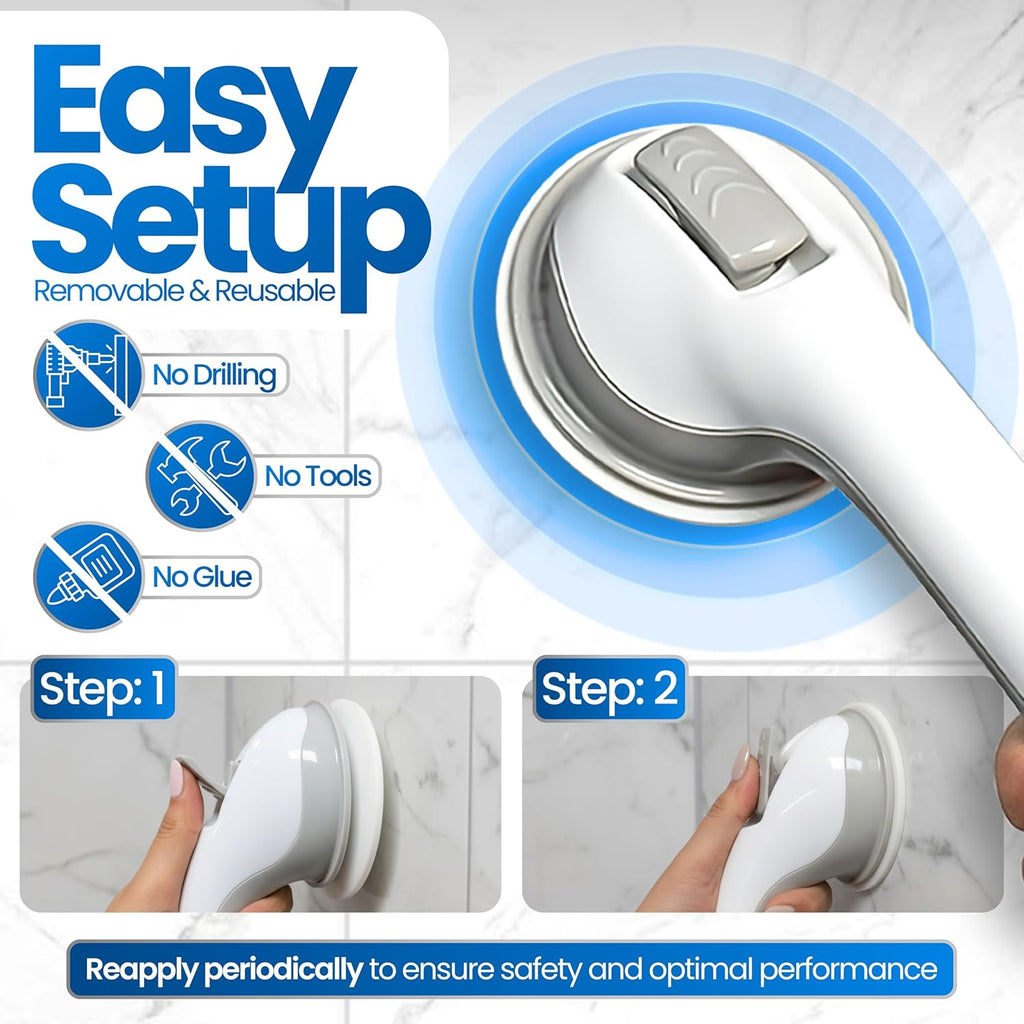 Changing Lifestyles Suction Cup Grab Bars For Bathtubs & Showers; Safety Bathroom Assist Handle, White & Grey, 16 Inches