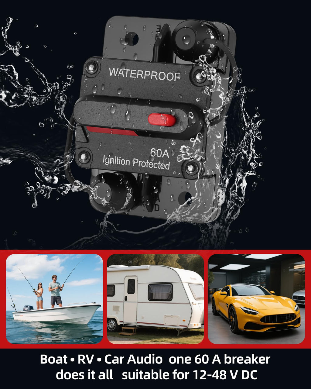 Voltrish 60A Marine Circuit Breaker 12V-48V Manual Reset for Trolling Motor