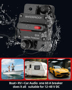 Voltrish 60A Marine Circuit Breaker 12V-48V Manual Reset for Trolling Motor