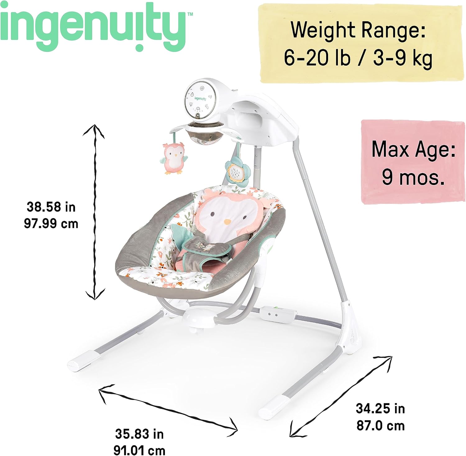InLighten 5-Speed Baby Swing - Swivel Infant Seat, 5 Point Safety Harness, Nature Sounds, Lights - Nally Owl