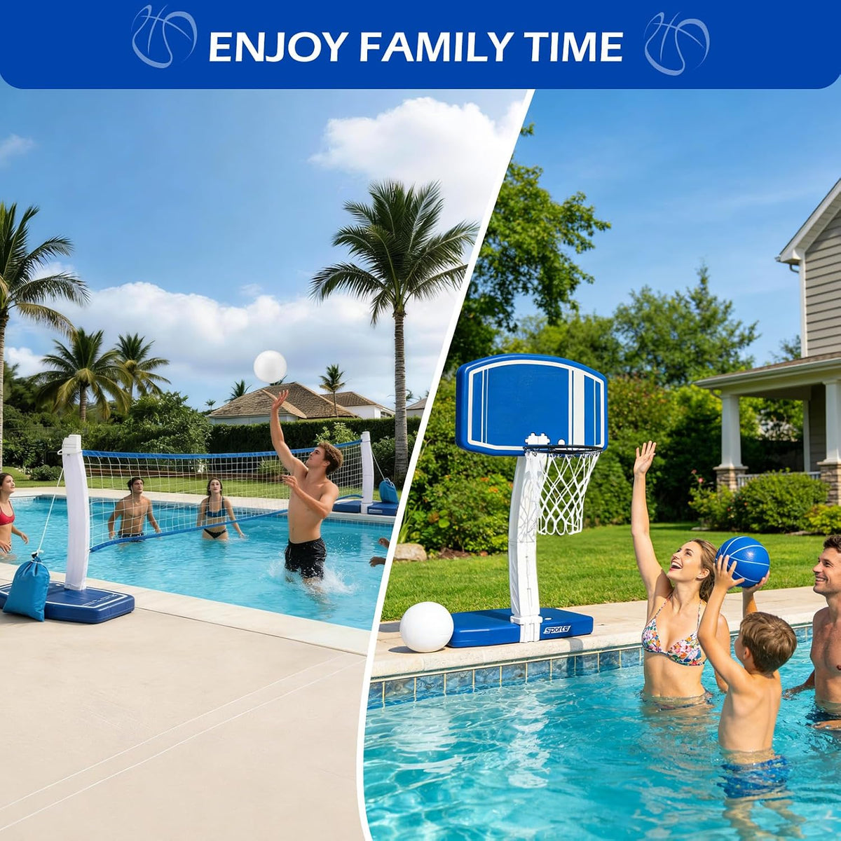 2 in 1 Pool Basketball Hoop and Volleyball Net Above Ground | Swimming Pool Toys for 3-12 Years Old Kids Poolside