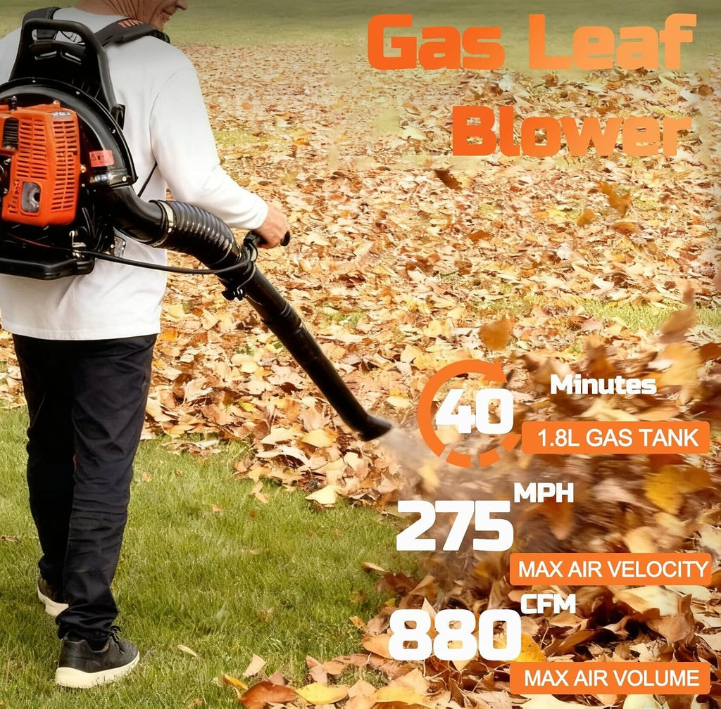 72CC Gas Backpack Leaf Blower, Garden Yard Cleaning, Snow Removal | 880CFM 275MPH 2 in 1 Nozzle Low Vibration and