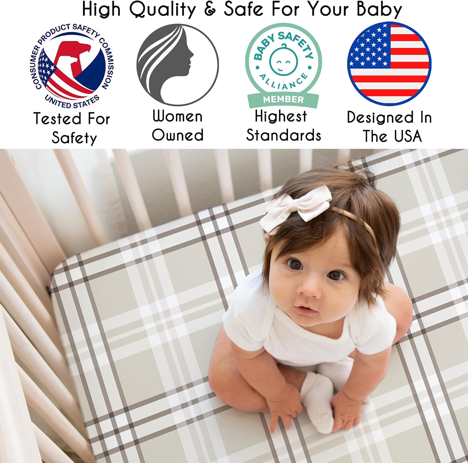 Fitted Baby Crib Sheets (Tan Gingham Plaid) for Boys or Girls, Infant Nursery, Toddler Room - Standard Size (Taupe