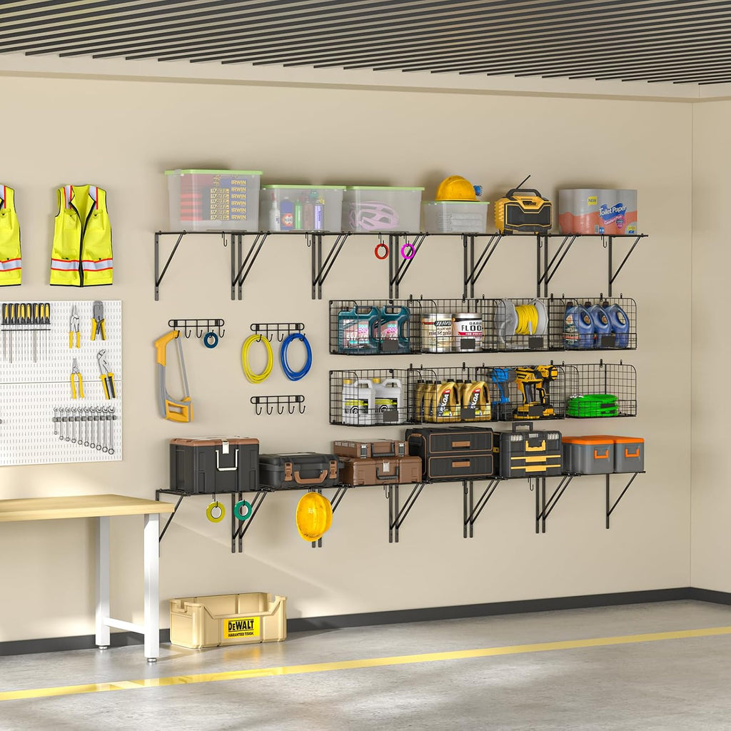 2 Pack Garage Shelves Wall Mounted with Wire Baskets, Heavy Duty Garage Wall Shelving with Hooks, Wire Shelf Baskets