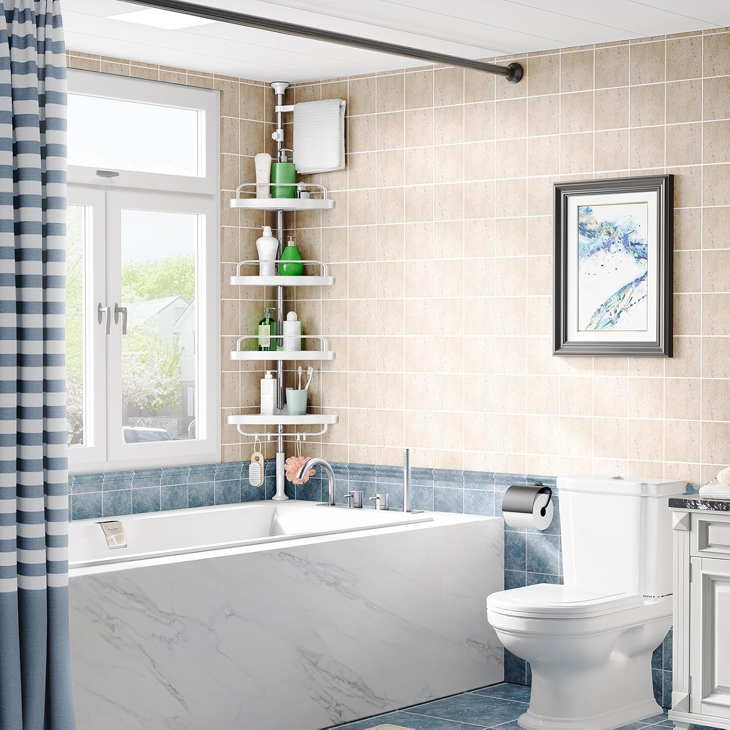 Corner Shower Caddy Tension Pole: Rust Proof 4Tier Shampoo Storage Organizer for Inside Shower - Telescoping Rod