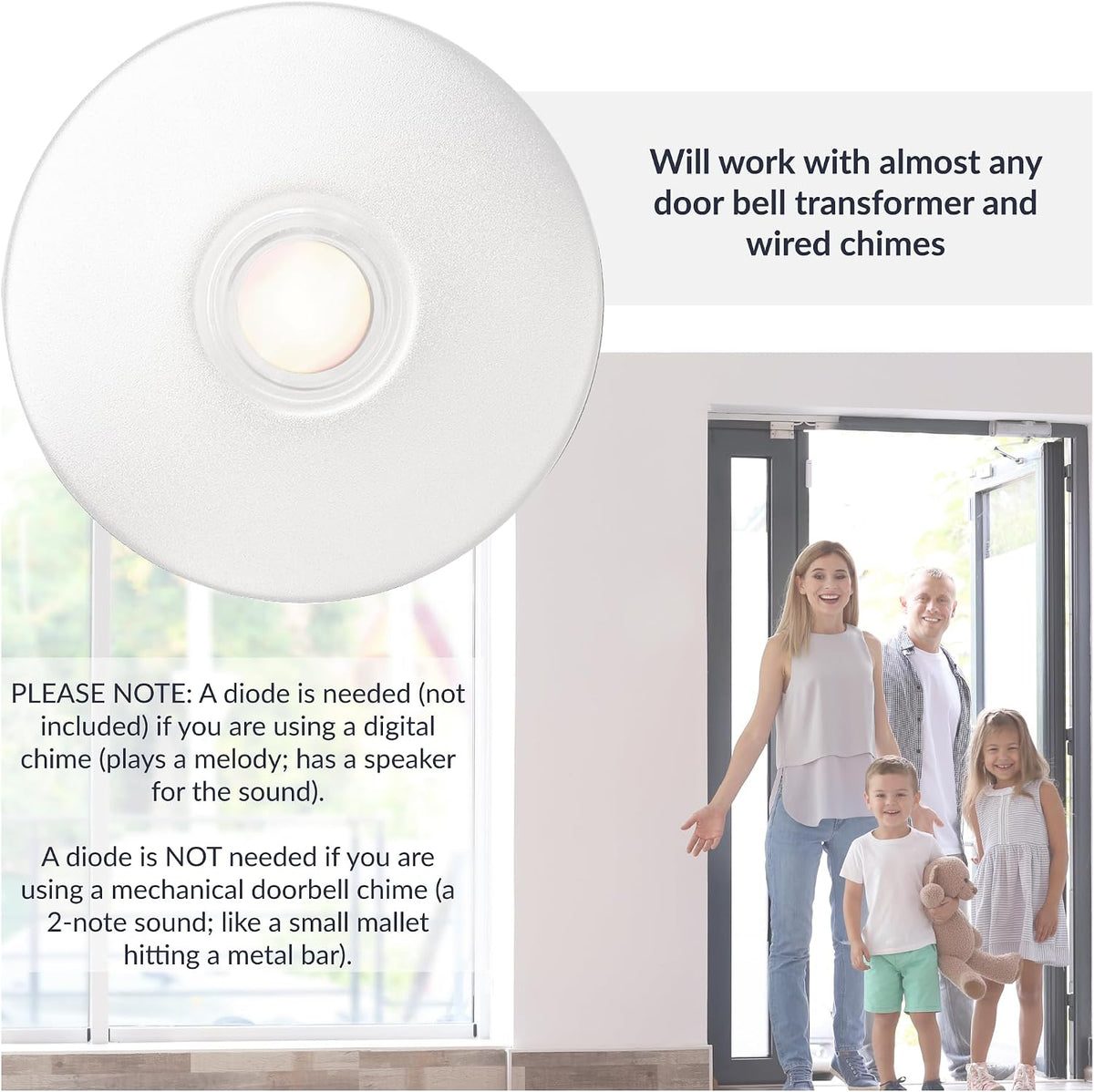 Lighted Round Door Chime Button White WH5WL, White Doorbell Button for Refits or Home Improvement, Wired Doorbell