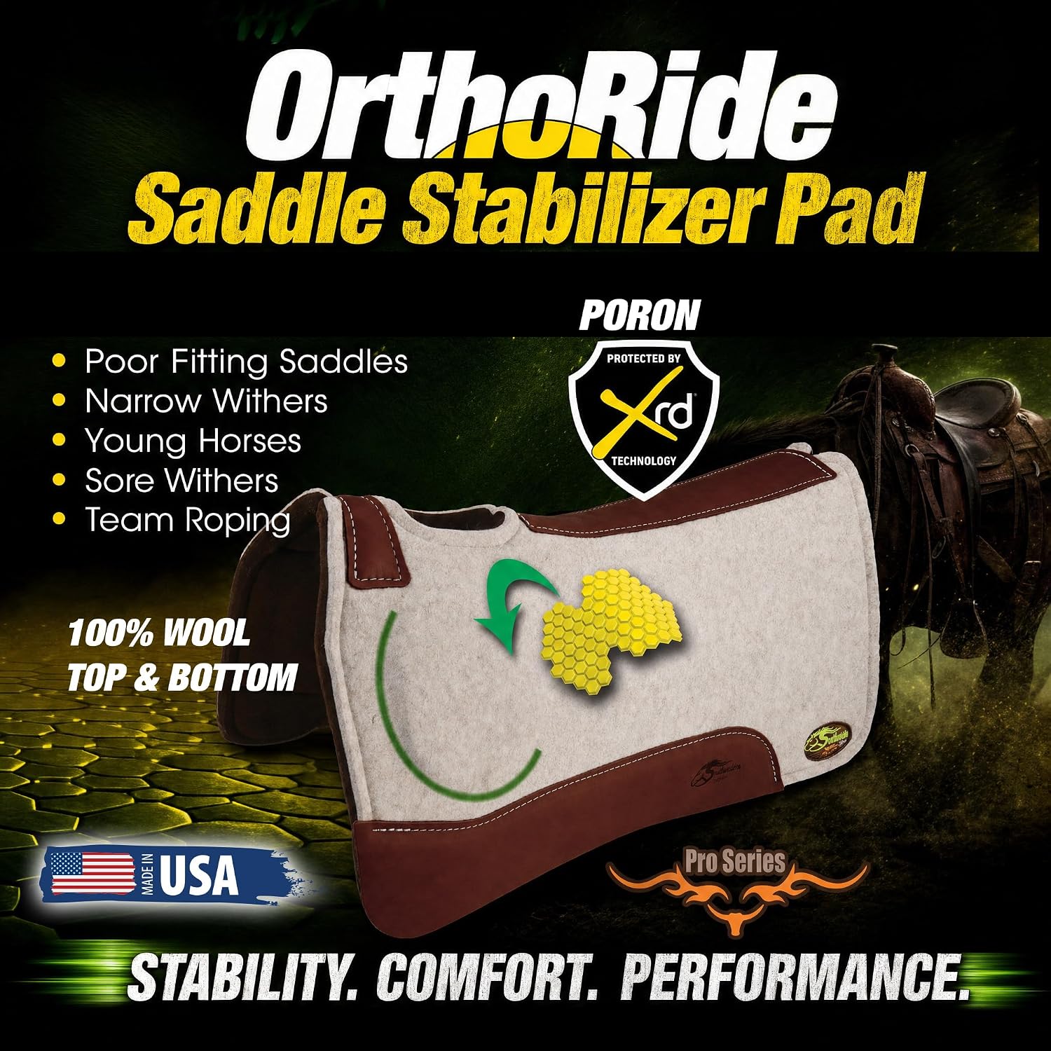 OrthoRide Made in USA Premium All Wool Build up, Saddle Pad Western, Classic Contour Saddle Pad, Ortho Pad Horse