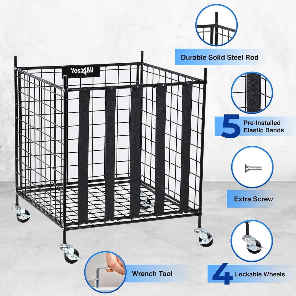 Rolling Ball Cart Storage with Lockable Wheels Volleyball Basketball Holder, Toy Balls Bin, Garage Cage, Storage