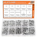 HELIFOUNER 250 Pieces #6-32 x 3/16" 1/4" 5/16" 3/8" 1/2" 5/8" 3/4" 1", Hex Socket Head Cap Screws Bolts Washers Nuts Kit, Coarse Thread, Fully Machine Threaded, 304 Stainless Steel