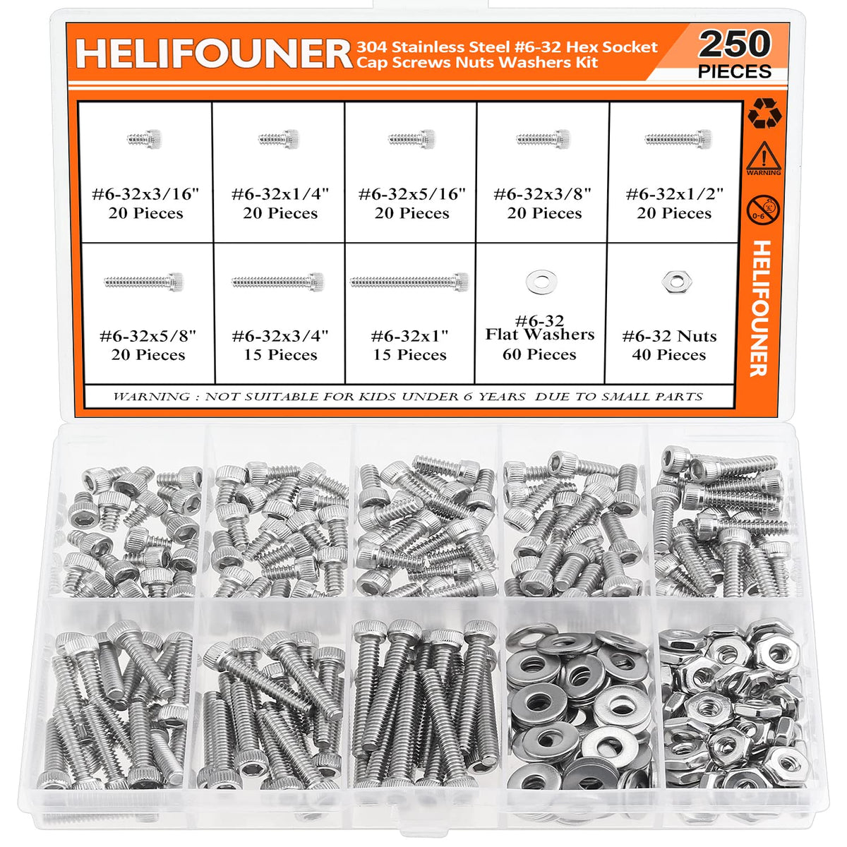 HELIFOUNER 250 Pieces #6-32 x 3/16" 1/4" 5/16" 3/8" 1/2" 5/8" 3/4" 1", Hex Socket Head Cap Screws Bolts Washers Nuts Kit, Coarse Thread, Fully Machine Threaded, 304 Stainless Steel
