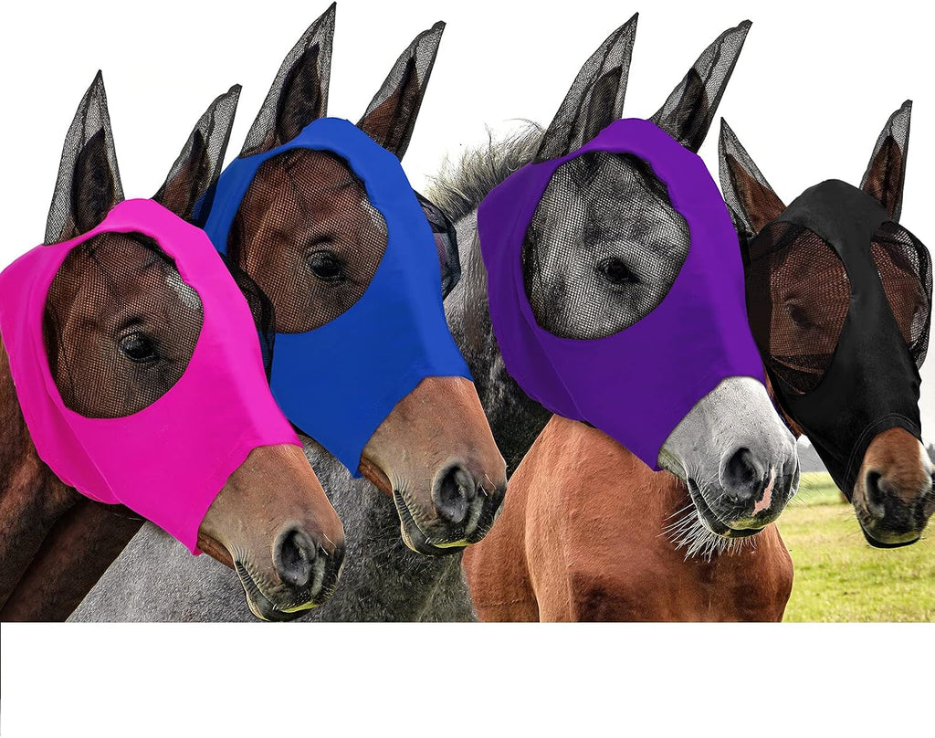 4 Pcs Horse Fly Mask with Ear, Large, Purple, Blue, Pink, Black