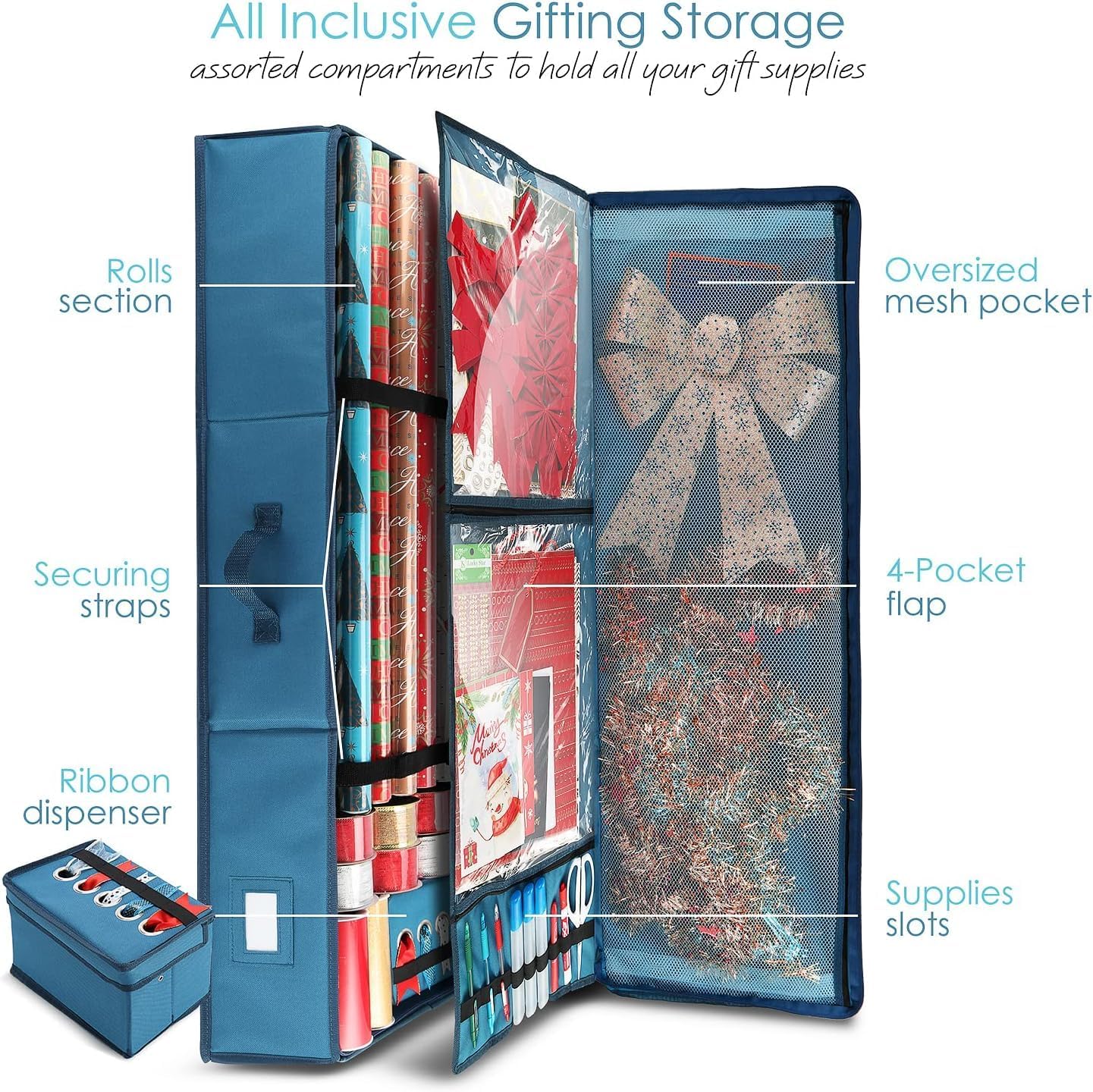Christmas Tree Storage Bag 7.5 ft, Wrapping Paper Storage Organizer Container & Large Christmas Ornament Storage Box